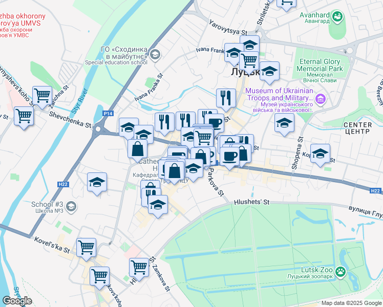 map of restaurants, bars, coffee shops, grocery stores, and more near in Lutsk