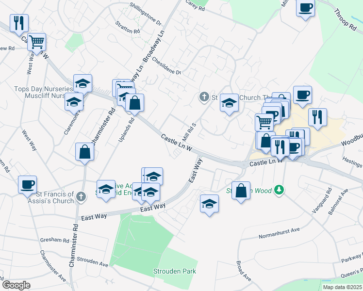 map of restaurants, bars, coffee shops, grocery stores, and more near Castle Lane West in Dorset