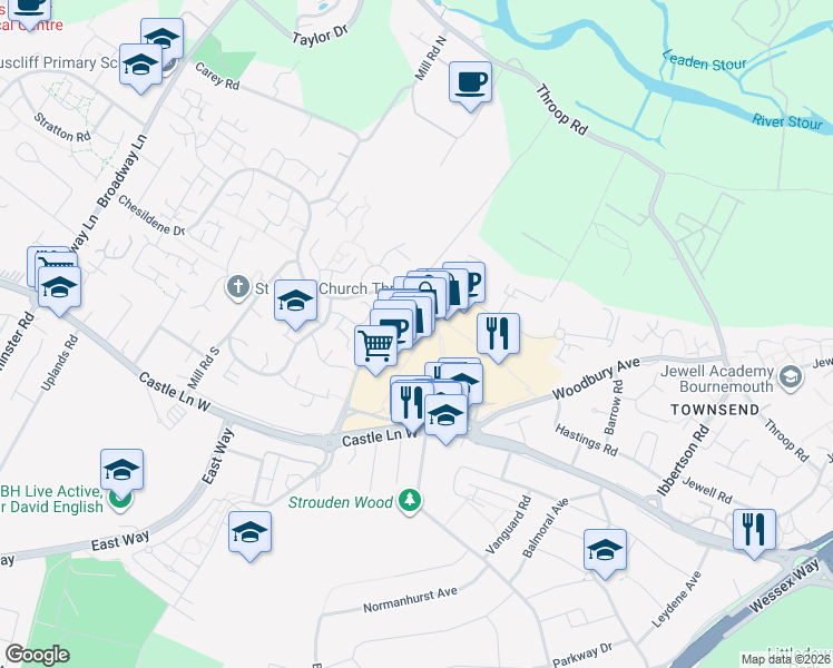 map of restaurants, bars, coffee shops, grocery stores, and more near Castle Lane West in Dorset