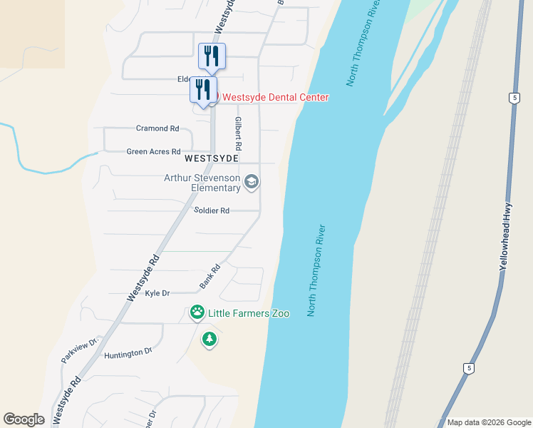 map of restaurants, bars, coffee shops, grocery stores, and more near 2875 Bank Road in Kamloops