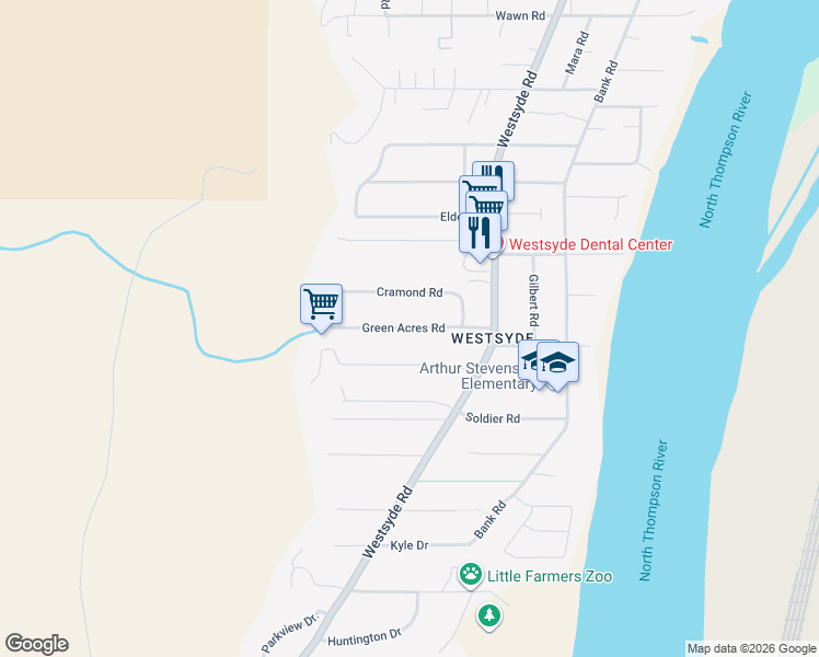 map of restaurants, bars, coffee shops, grocery stores, and more near Green Acres Road in Kamloops