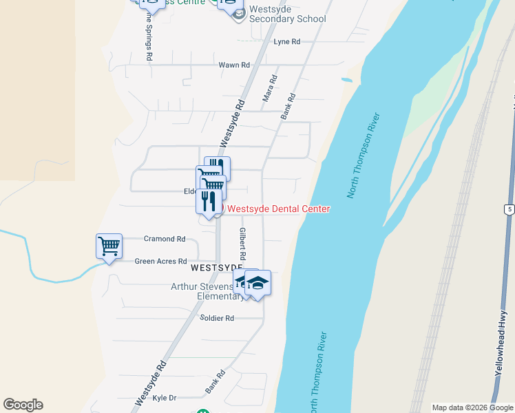 map of restaurants, bars, coffee shops, grocery stores, and more near 3002 Bank Road in Kamloops