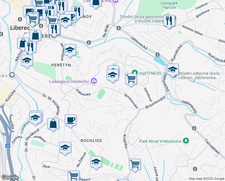 map of restaurants, bars, coffee shops, grocery stores, and more near 12 Broumovská in Liberec