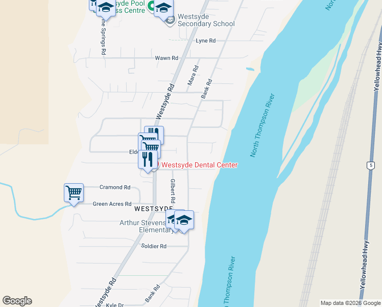 map of restaurants, bars, coffee shops, grocery stores, and more near 3002 Bank Road in Kamloops