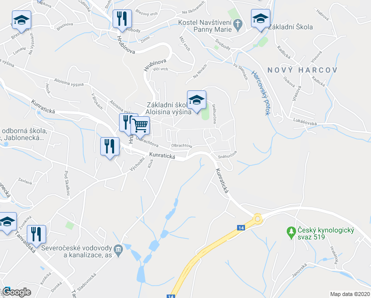 map of restaurants, bars, coffee shops, grocery stores, and more near 27 Olbrachtova in Liberec