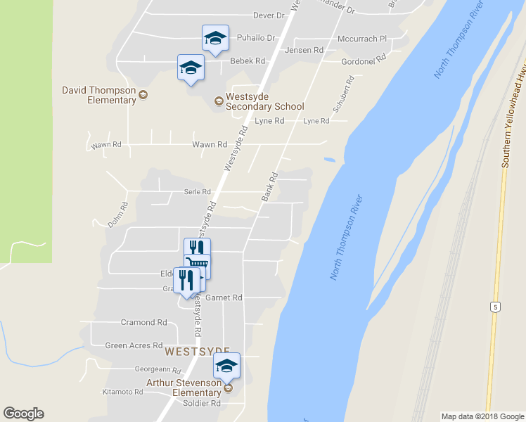 map of restaurants, bars, coffee shops, grocery stores, and more near 3125 Bank Road in Kamloops