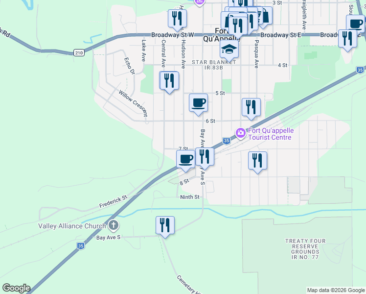 map of restaurants, bars, coffee shops, grocery stores, and more near 503 Hudson Avenue in Fort Qu'Appelle