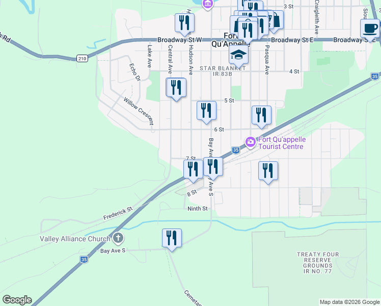 map of restaurants, bars, coffee shops, grocery stores, and more near 503 Hudson Avenue in Fort Qu'Appelle