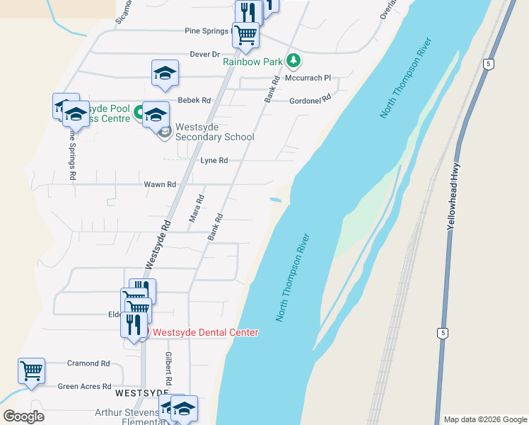 map of restaurants, bars, coffee shops, grocery stores, and more near 610 Stansfield Road in Kamloops