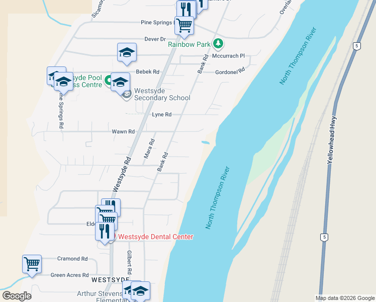 map of restaurants, bars, coffee shops, grocery stores, and more near 610 Stansfield Road in Kamloops