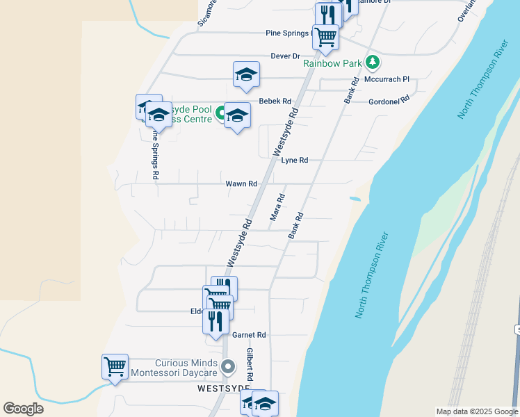 map of restaurants, bars, coffee shops, grocery stores, and more near 3161 Westsyde Road in Kamloops