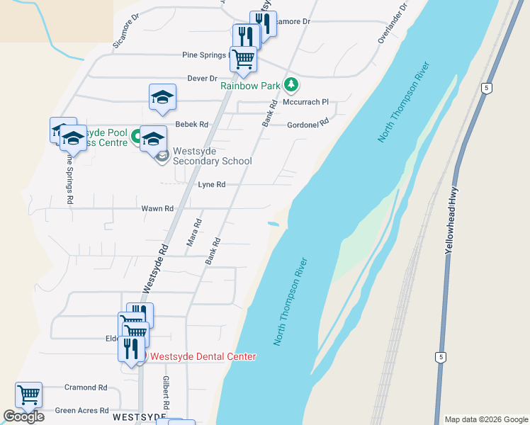 map of restaurants, bars, coffee shops, grocery stores, and more near 661 Lyne Road in Kamloops