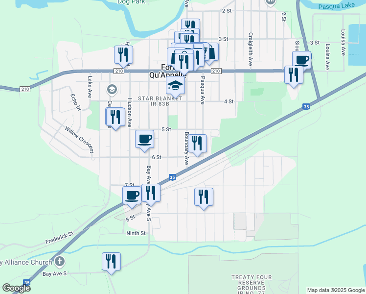 map of restaurants, bars, coffee shops, grocery stores, and more near 366 Boundary Avenue in Fort Qu'Appelle