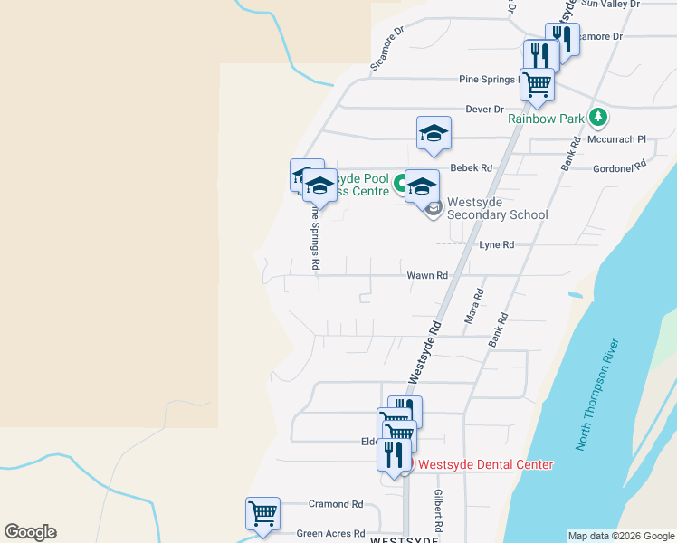 map of restaurants, bars, coffee shops, grocery stores, and more near 1145 Pine Springs Road in Kamloops