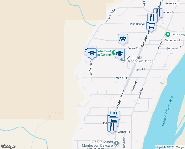 map of restaurants, bars, coffee shops, grocery stores, and more near 1145 Pine Springs Road in Kamloops