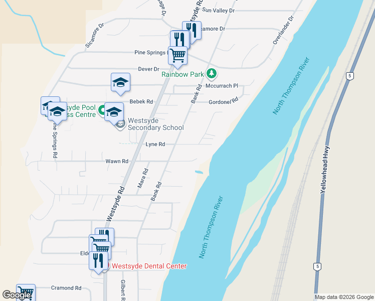map of restaurants, bars, coffee shops, grocery stores, and more near 661 Lyne Road in Kamloops