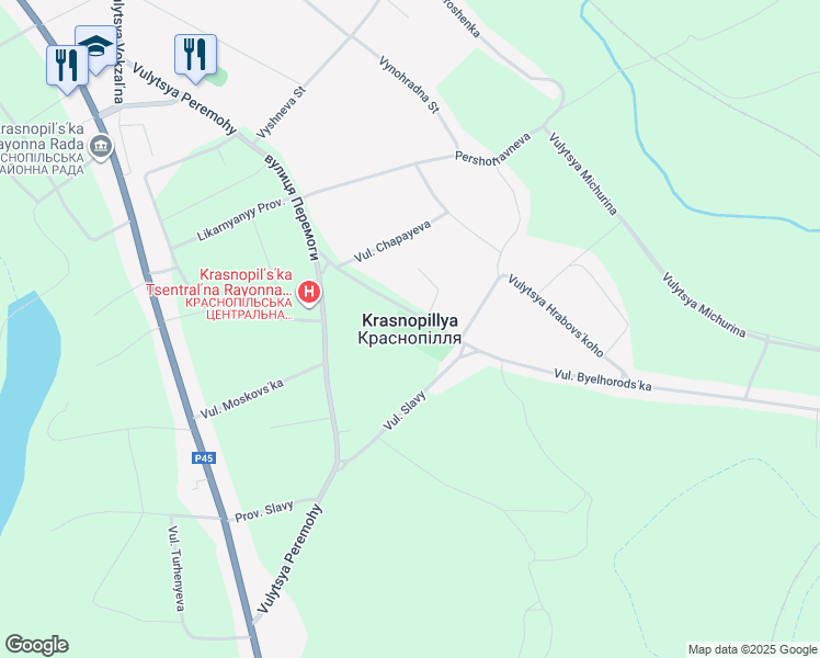 map of restaurants, bars, coffee shops, grocery stores, and more near in Krasnopillya