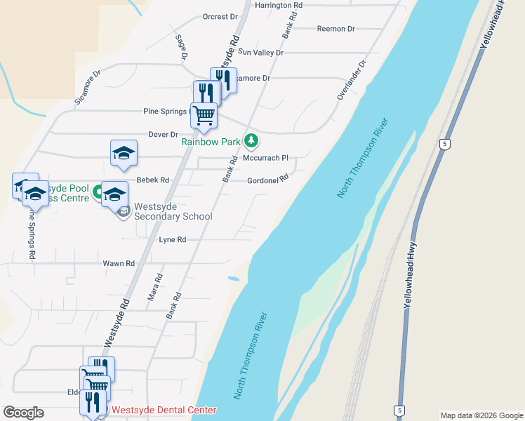 map of restaurants, bars, coffee shops, grocery stores, and more near 3287 Schubert Road in Kamloops