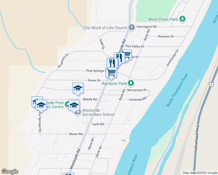 map of restaurants, bars, coffee shops, grocery stores, and more near 821 Dever Drive in Kamloops