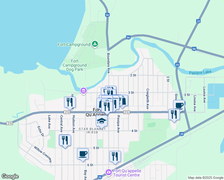 map of restaurants, bars, coffee shops, grocery stores, and more near 203 Boundary Avenue in Fort Qu'Appelle
