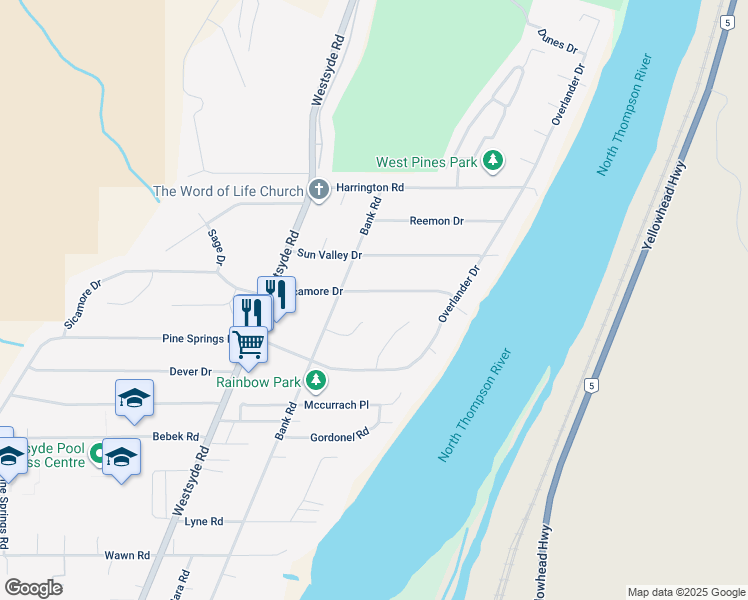 map of restaurants, bars, coffee shops, grocery stores, and more near 675 Sicamore Drive in Kamloops