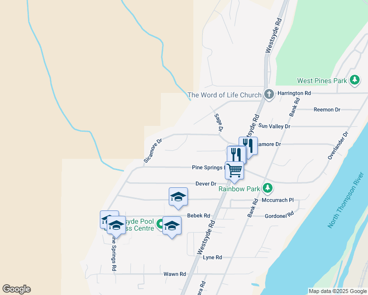 map of restaurants, bars, coffee shops, grocery stores, and more near 873 Seneca Place in Kamloops