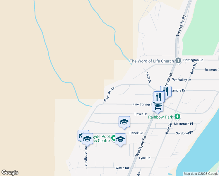 map of restaurants, bars, coffee shops, grocery stores, and more near 968 Sicamore Drive in Kamloops