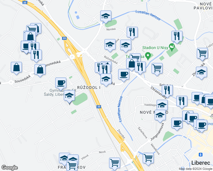 map of restaurants, bars, coffee shops, grocery stores, and more near 2 Štursova in Liberec