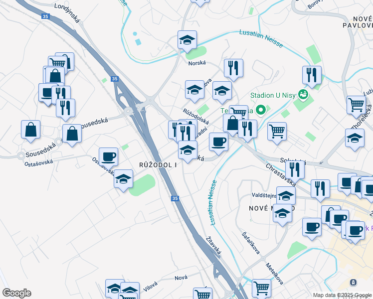 map of restaurants, bars, coffee shops, grocery stores, and more near in Liberec