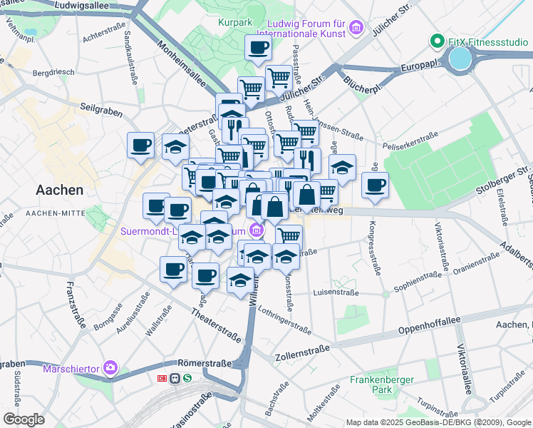 map of restaurants, bars, coffee shops, grocery stores, and more near 8 Kaiserplatz in Aachen