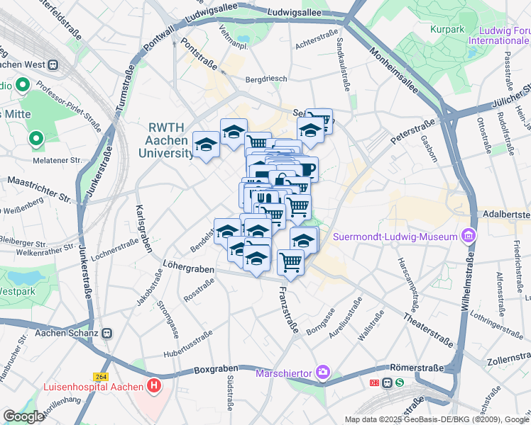 map of restaurants, bars, coffee shops, grocery stores, and more near Domhof in Aachen