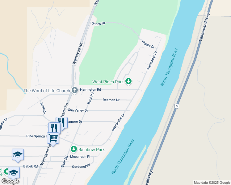 map of restaurants, bars, coffee shops, grocery stores, and more near 649 Harrington Road in Kamloops