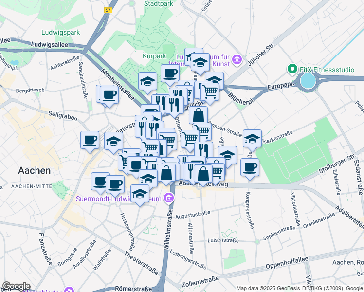 map of restaurants, bars, coffee shops, grocery stores, and more near 46 Ottostraße in Aachen