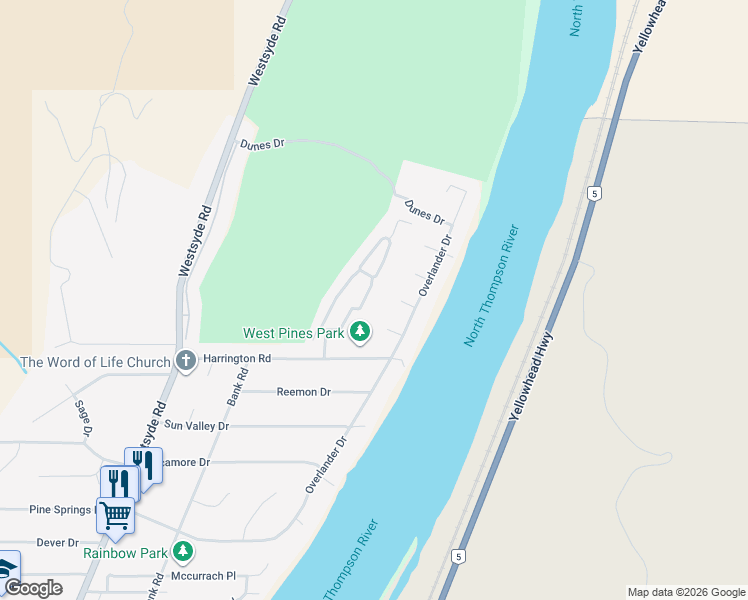 map of restaurants, bars, coffee shops, grocery stores, and more near 650 Harrington Road in Kamloops