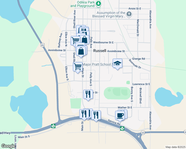 map of restaurants, bars, coffee shops, grocery stores, and more near 125 Pelly Avenue South in Russell