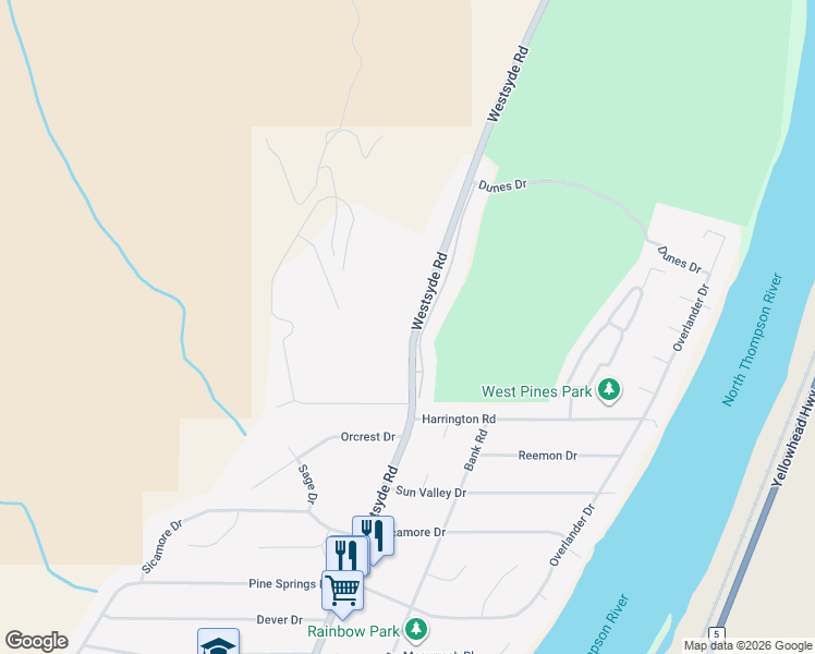 map of restaurants, bars, coffee shops, grocery stores, and more near 3676 Westsyde Road in Kamloops