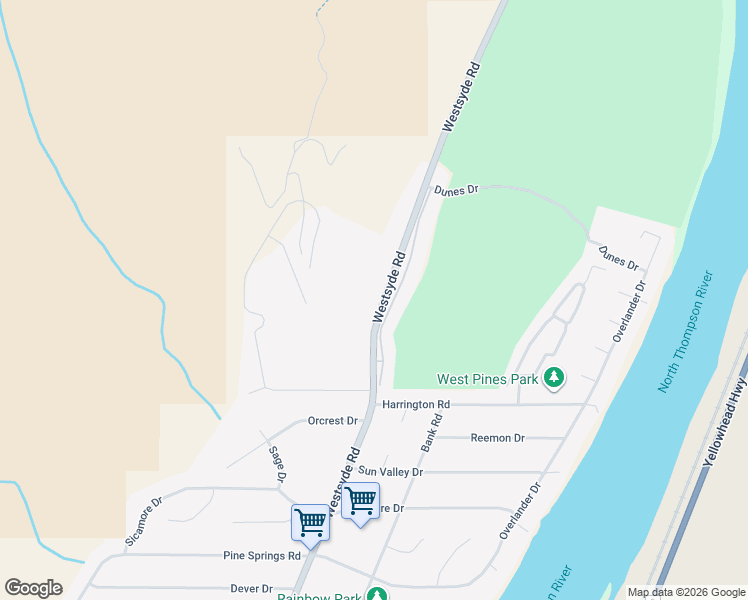 map of restaurants, bars, coffee shops, grocery stores, and more near 3676 Westsyde Road in Kamloops