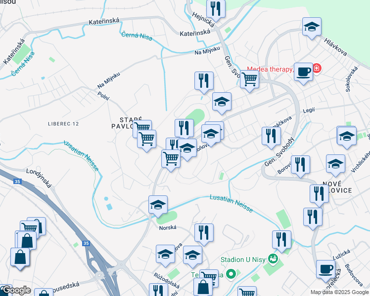 map of restaurants, bars, coffee shops, grocery stores, and more near in Liberec