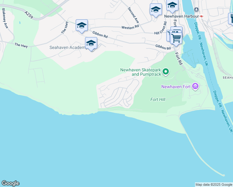 map of restaurants, bars, coffee shops, grocery stores, and more near Newhaven Heights in East Sussex