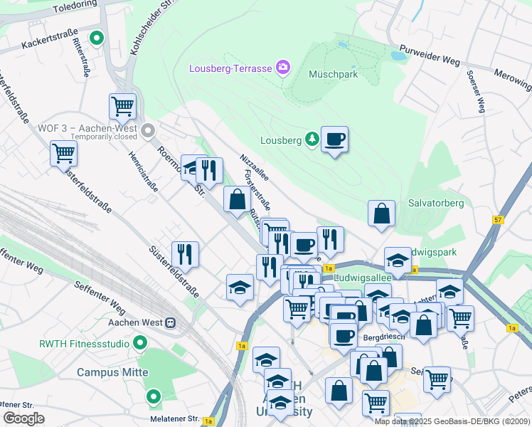 map of restaurants, bars, coffee shops, grocery stores, and more near 66 Lousbergstraße in Aachen
