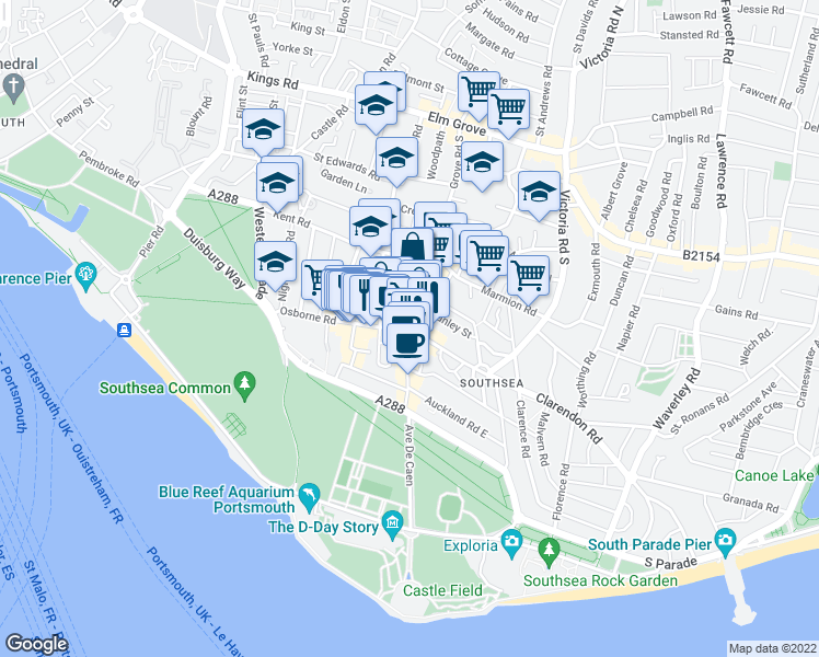 map of restaurants, bars, coffee shops, grocery stores, and more near Palmerston Road in Portsmouth