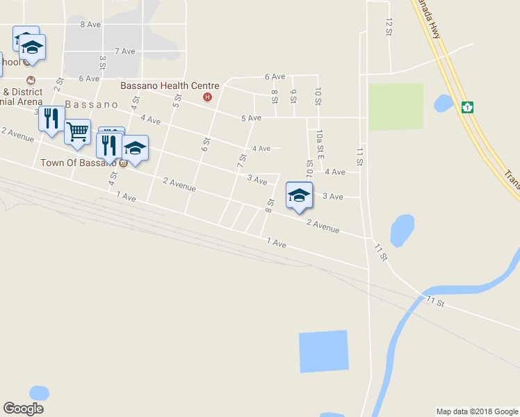 map of restaurants, bars, coffee shops, grocery stores, and more near 831 2 Avenue Road in Bassano