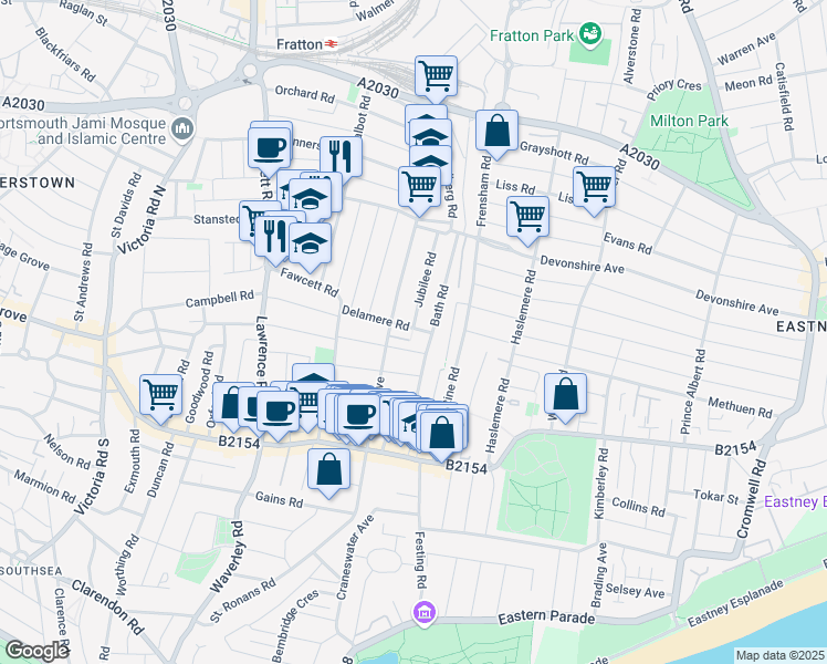 map of restaurants, bars, coffee shops, grocery stores, and more near 48 Delamere Road in Portsmouth