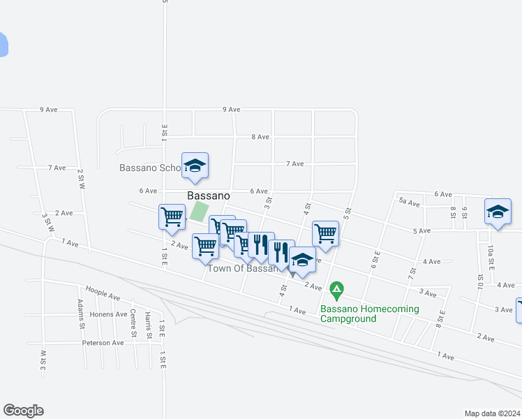 map of restaurants, bars, coffee shops, grocery stores, and more near 336 3 Street in Bassano