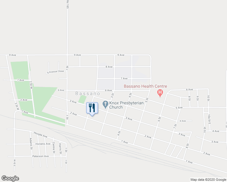 map of restaurants, bars, coffee shops, grocery stores, and more near 415 3 Street in Bassano