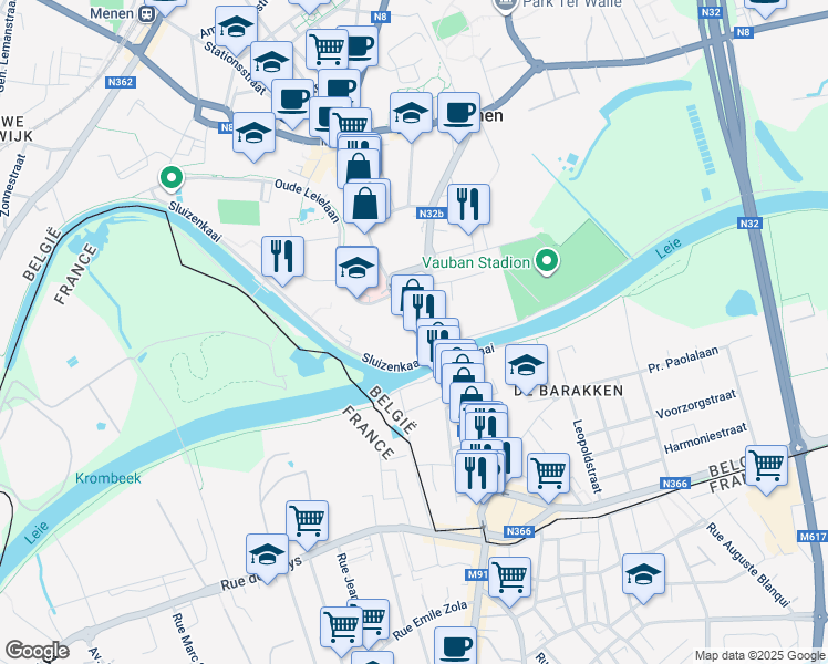map of restaurants, bars, coffee shops, grocery stores, and more near 99 Rijselstraat in Menen