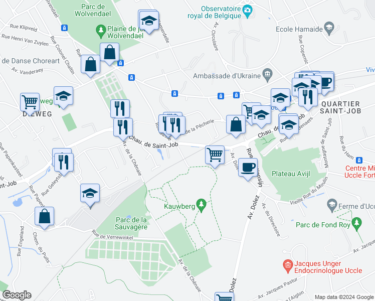 map of restaurants, bars, coffee shops, grocery stores, and more near 521 Sint-Jobsesteenweg in Ukkel