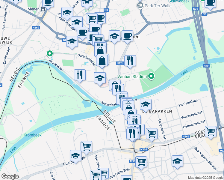 map of restaurants, bars, coffee shops, grocery stores, and more near 85 Rijselstraat in Menen