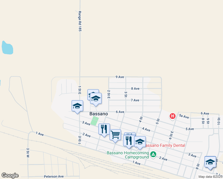 map of restaurants, bars, coffee shops, grocery stores, and more near 304 8 Avenue in Bassano