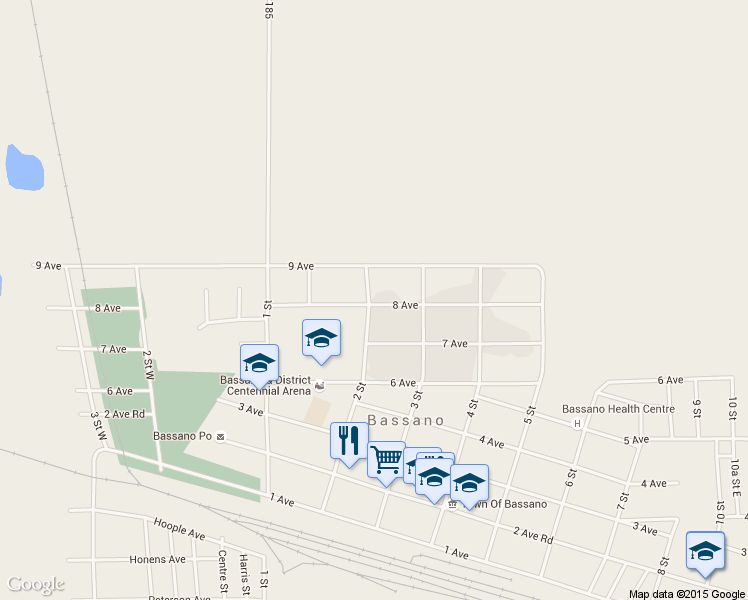 map of restaurants, bars, coffee shops, grocery stores, and more near 304 8 Avenue in Bassano